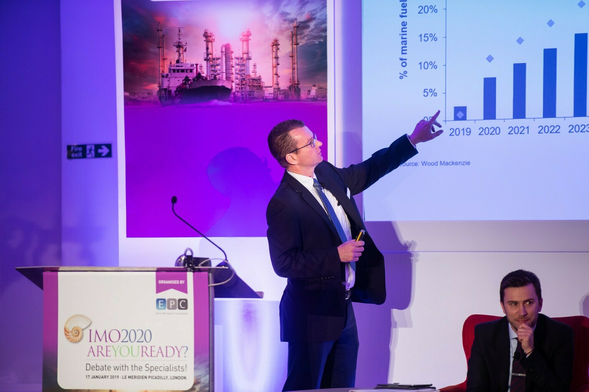 A man in a suit points to a graph on a screen at a conference. The graph shows an upward trend from 2019 to 2023. A poster with an image of ships is partially visible in the background. Another man sits in a chair nearby. James Gifford-Mead Photography - Event Photographer London