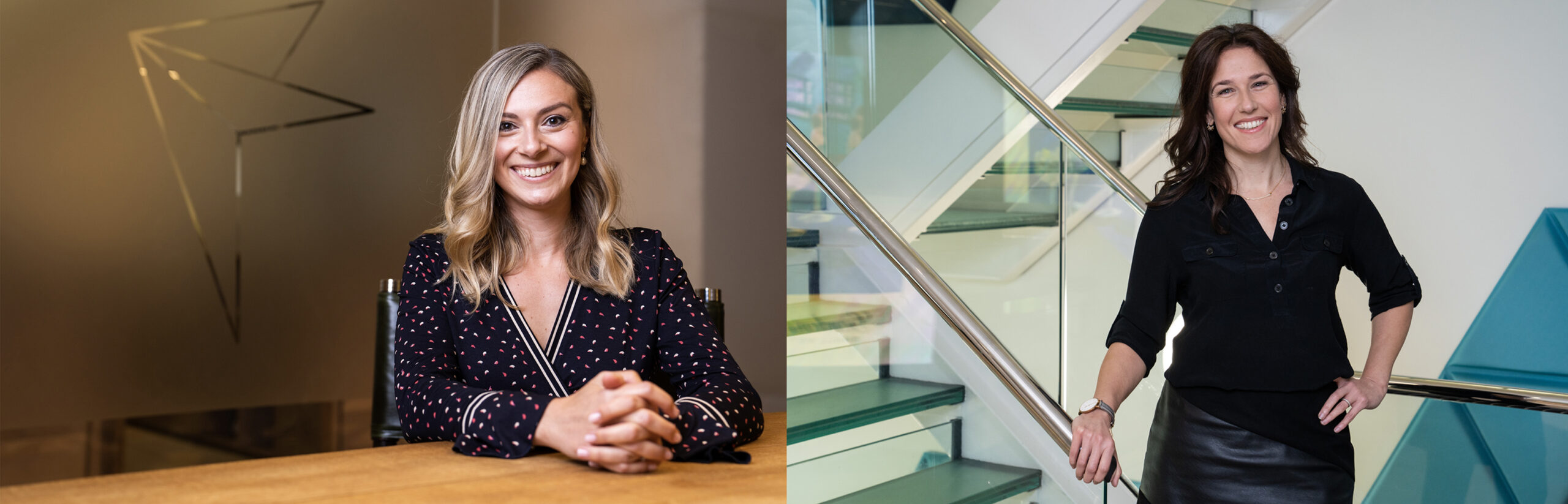 Two women are pictured in professional settings. On the left, one sits at a wooden table, smiling. On the right, another woman stands by a glass staircase railing, also smiling. Both are dressed in dark, stylish outfits. James Gifford-Mead Photography - Event Photographer London
