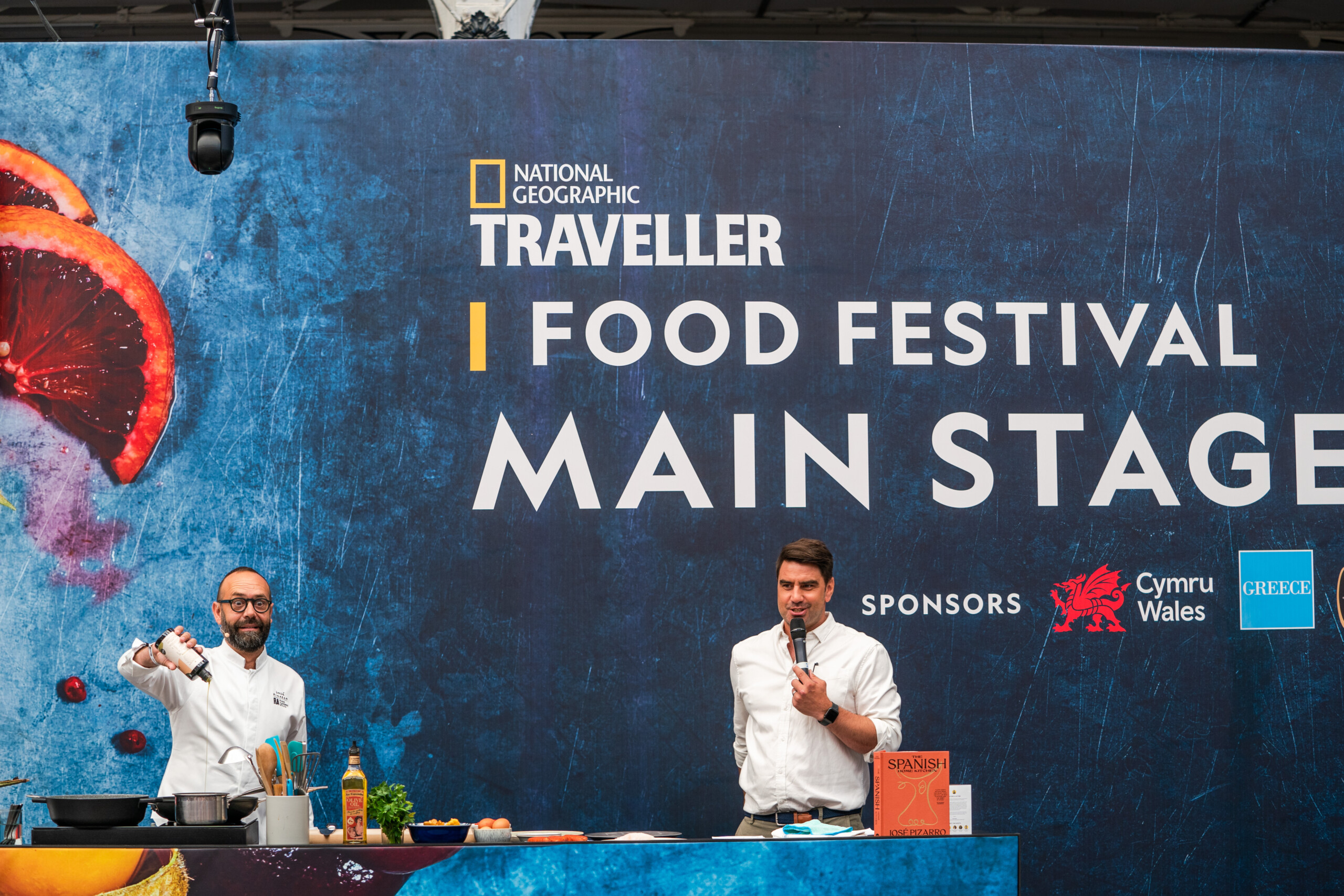 Two chefs on stage at the National Geographic Traveller Food Festival at the Business Design Centre in Islington